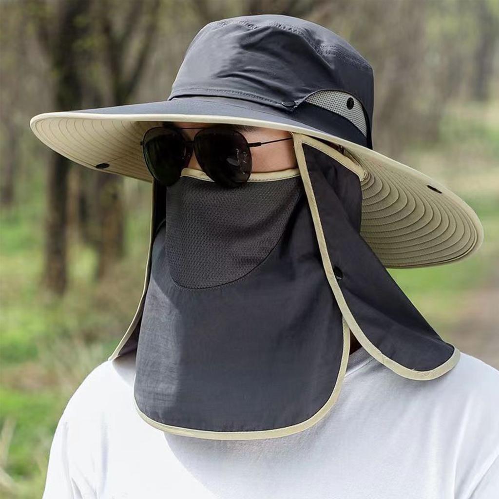 Men's Outdoor Sun Protection Hat Removable Face Cover Breathable Fishing Bucket Hat Wide Brim Labor Sunshade Cap for Hiking Camping