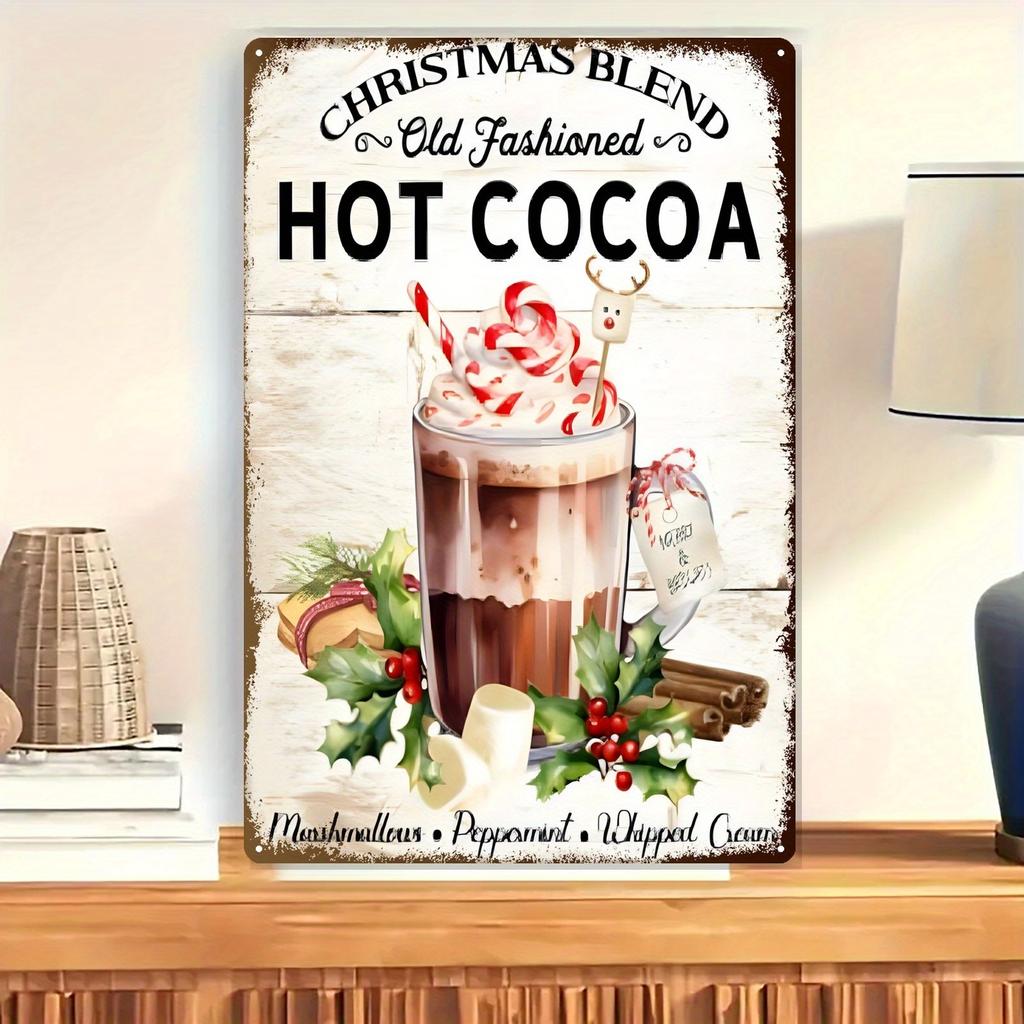 2D Flat, Vintage Hot Cocoa Tin Sign - 20.32x30.48 Cm Metal Wall Art with Whipped Cream & Marshmallow Design, Perfect for Restaur