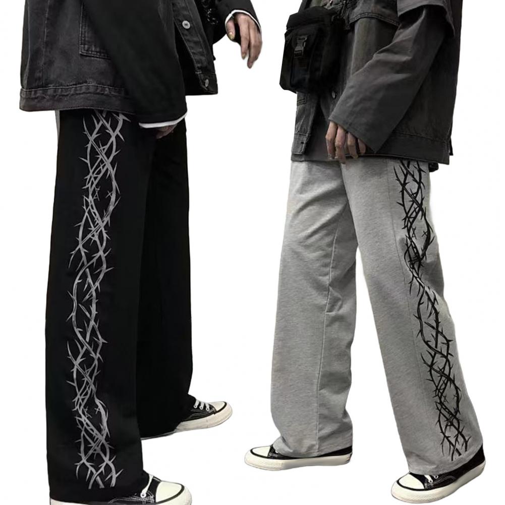 Men Pants Thorn Print Wide Leg Straight High Street Style Loose Retro Elastic Waist Full Length Youthful Teenager Travel Outdoor