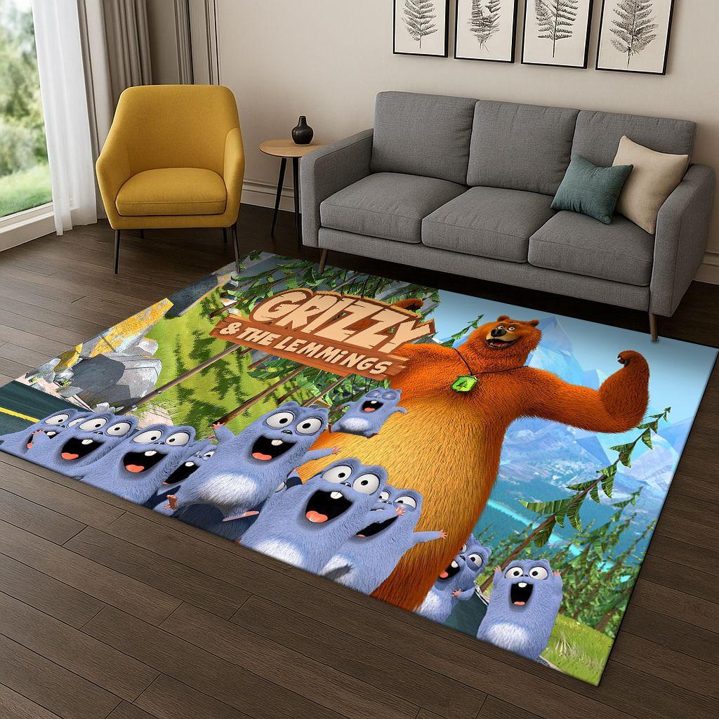 Tappeto Cartoon 3D Grizzy e i Lemming per Camera da Letto Soggiorno Divano Decorazione Casa, Tappeto Area Giochi Bambini Tappetino Antiscivolo Regalo