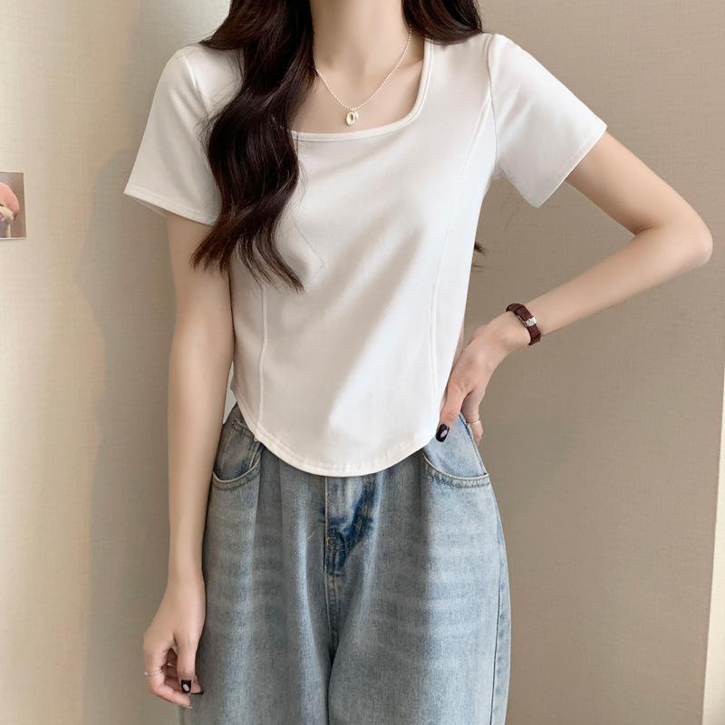 Square neck short-sleeved T-shirt women's summer shoulder slim pure desire design niche irregular short fishbone top