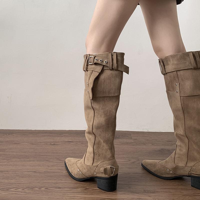 Fashion Vintage Rivet Hottie Women Knee-High Boots Fashion Belt Buckle Female Pleated Knight Long Booties Shoes