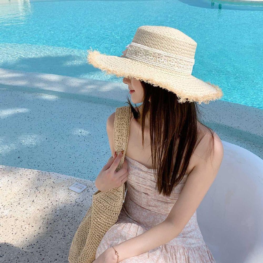 Boho Lace Flower Straw Hat Wide Brim UV Protection Cap Comfortable To Wear Women's Sun Hats Girls