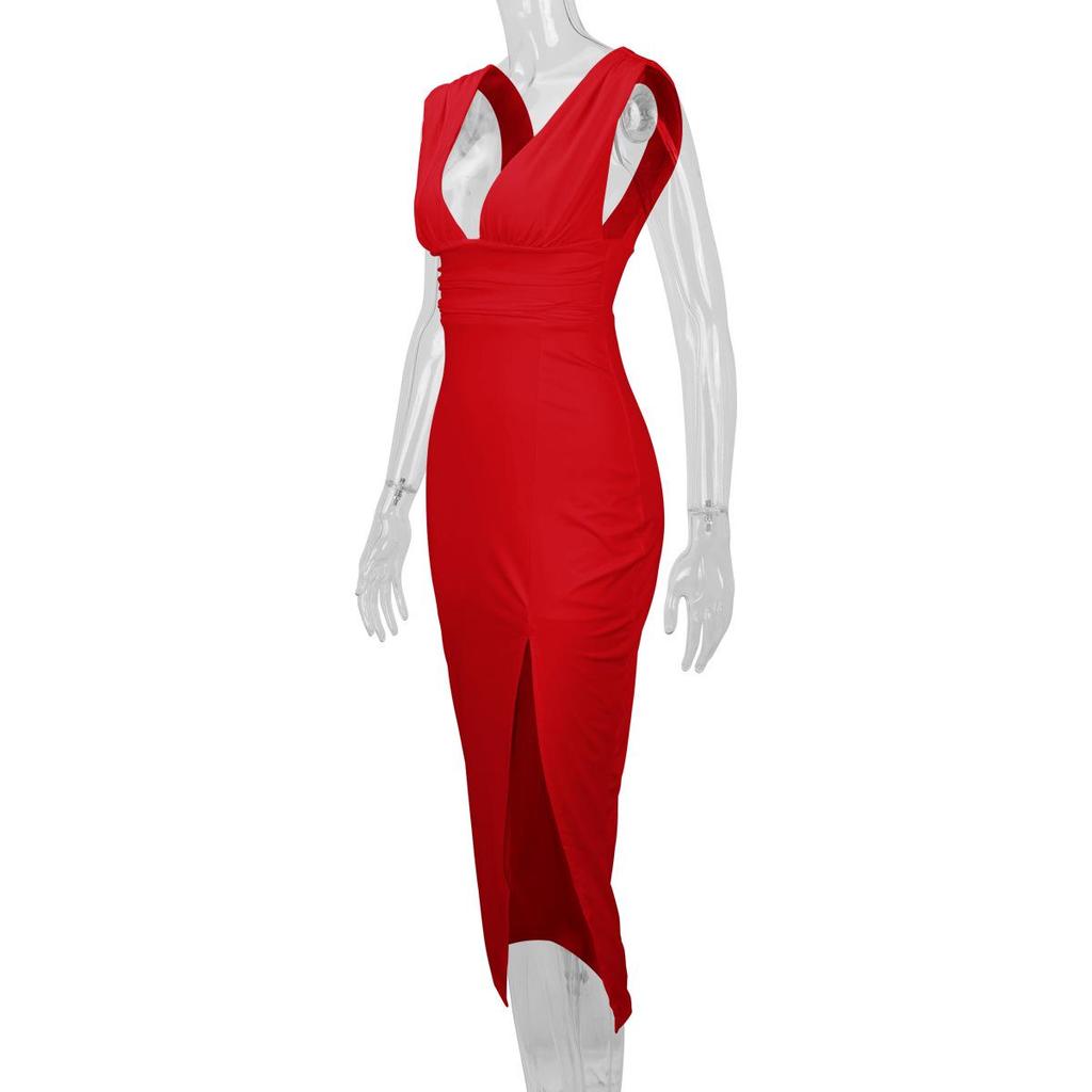 2025 European & American Women's Summer Deep V-neck Slimming Backless Slit Sexy Dress