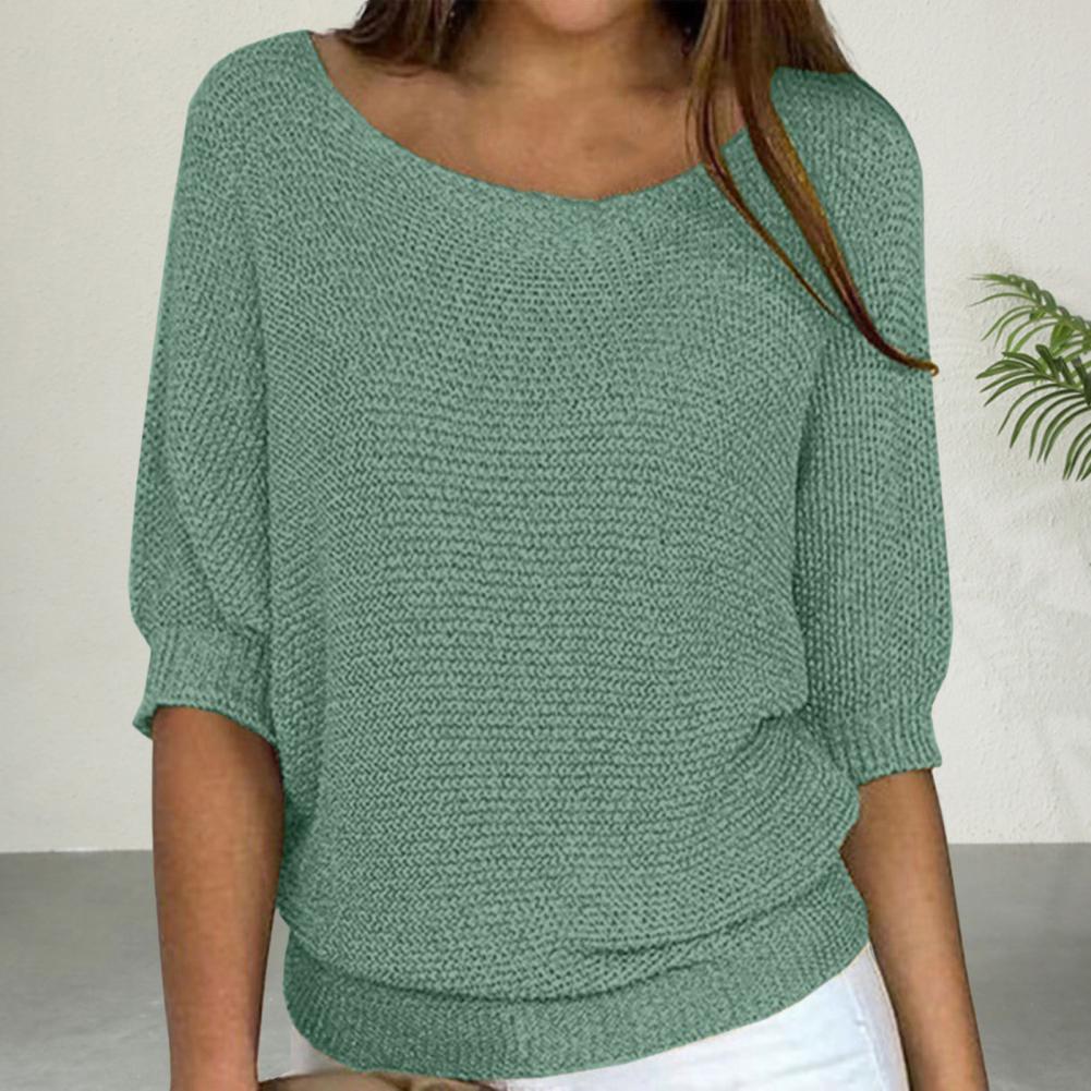 Women Tops Round Neck 3/4 Sleeve Solid Color Tee Shirt Loose Fit Knitting Blouse Stretchy Breathable Tops Streetwear