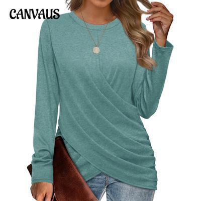 Autumn Women's Shirt Casual Round Neck Cross Pleated Loose Long Sleeve Pullover Shirt