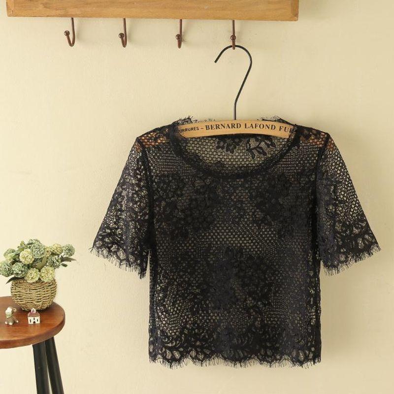 

Mesh Sexy Blouse Fashion Midriff Outfit Crochet Tulle Black M