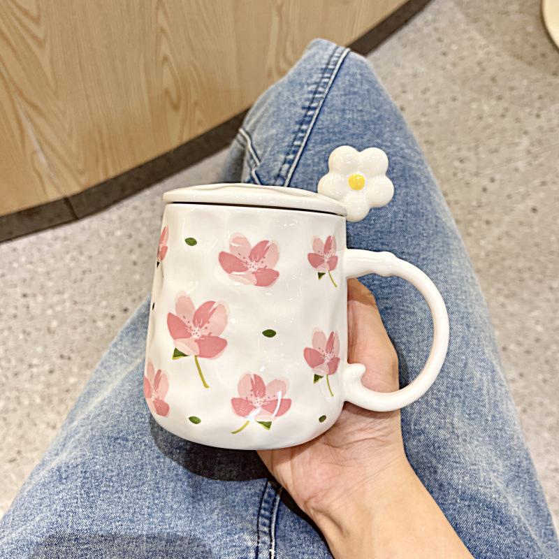 

INS wind high-value flower mug with lid spoon household girl heart ceramic cup student breakfast milk cup