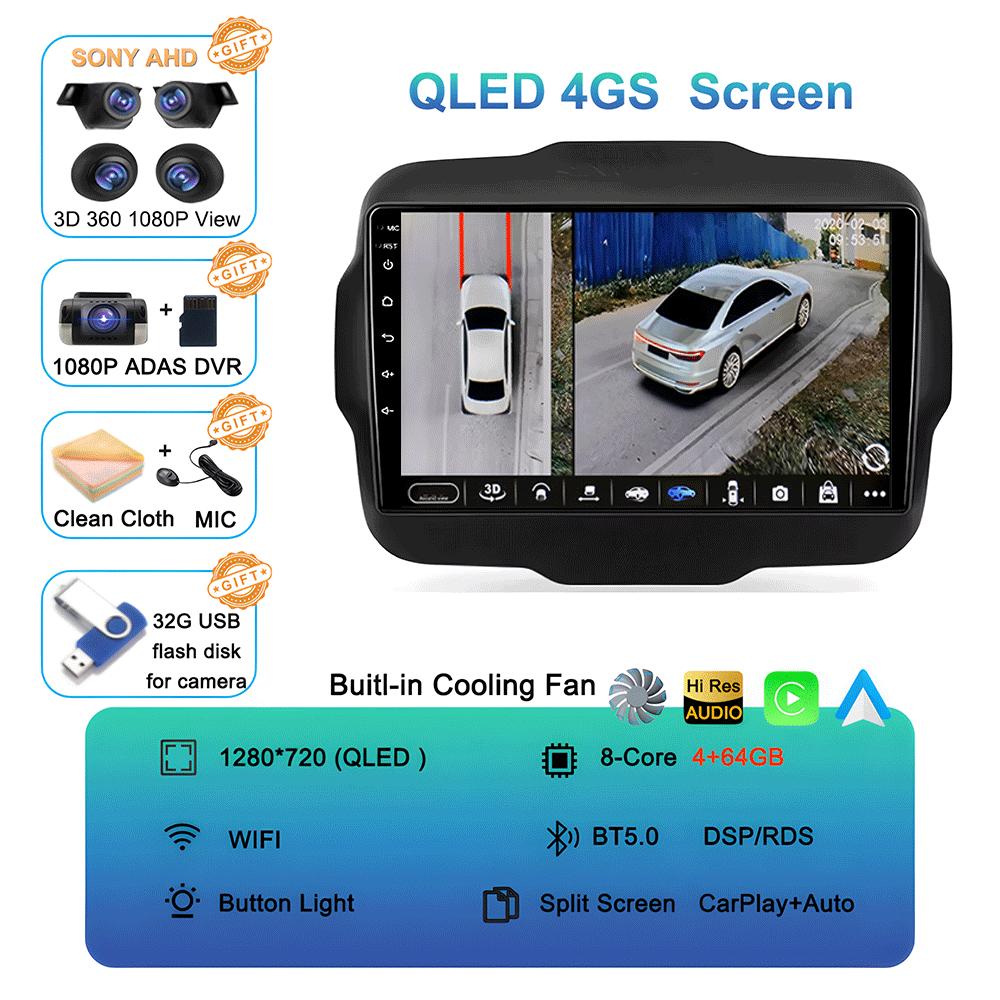 Car Radio Android 14 Carplay For Jeep Renegade 2016 2017 2018 2019 2020 Navigation GPS Multimedia Player Stereo WiF+4G 360Camera