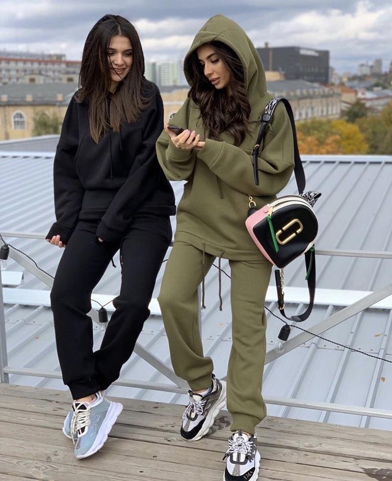 2023 Stylish European & American Spring/Autumn Solid Color Sweatshirt Casual Two-Piece Set with Large Pockets