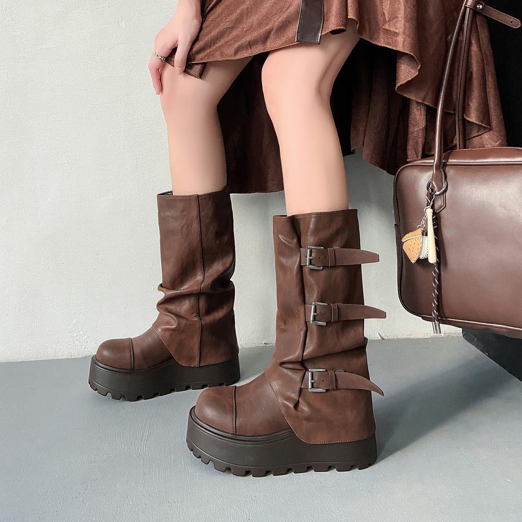 Small Man Height Increase Thick-soled Medium Boots Autumn and Winter Western Cowboy Pile Wasteland Wind Knight Boots Pant Tube Women's Boots