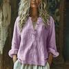 Women's Fashionable And Casual Solid-color V-neck Button Long-sleeved Cotton And Linen Shirt Top