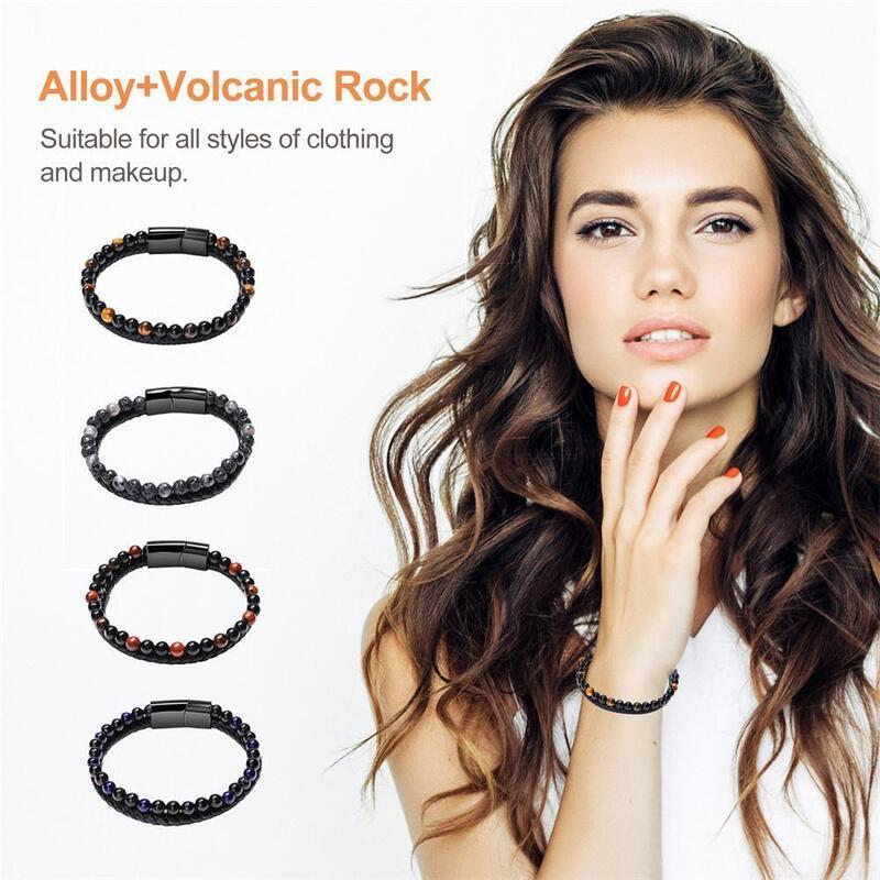 Men Double 21cm Layered Volcanic Stone Beaded Bracelet Alloy Clasp Leather Faux