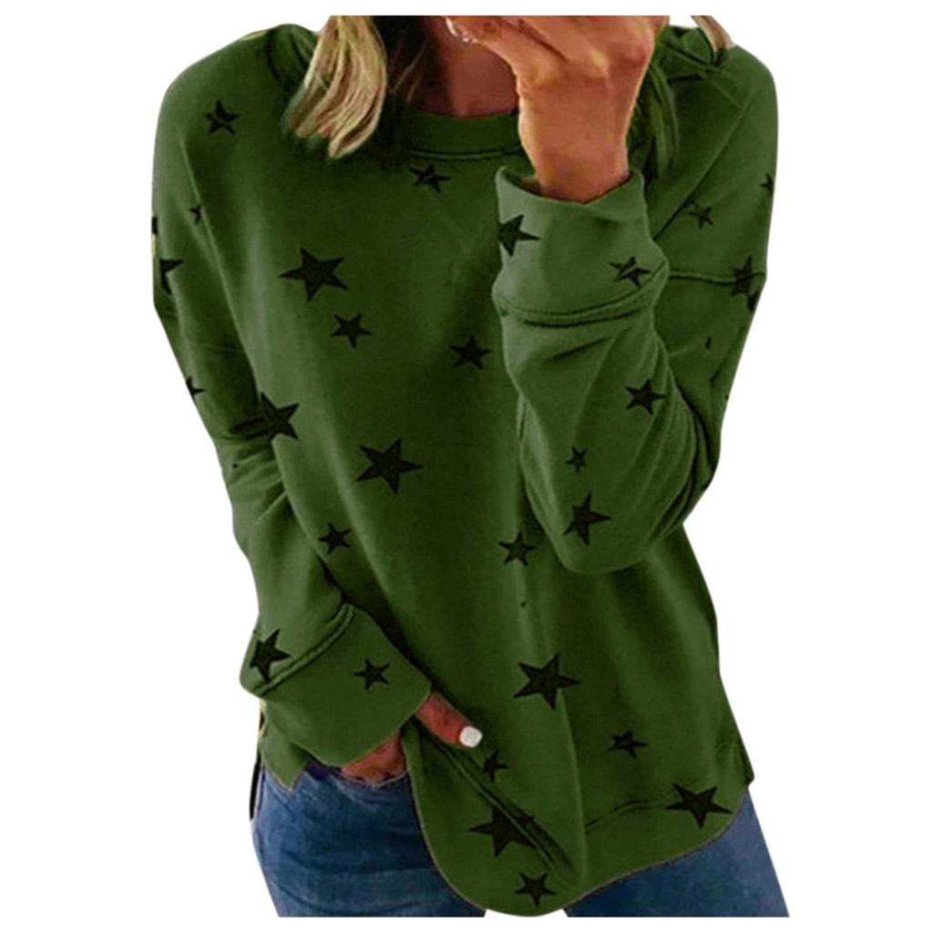 Women Round Neck Long Sleeve Star Print Side Split Pullover Sweatshirt