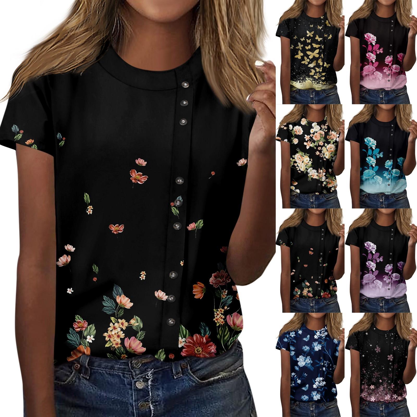 

Women s Fashion Casual Round Neck Decorative Button Prints Short Sleeved T-shirt Top