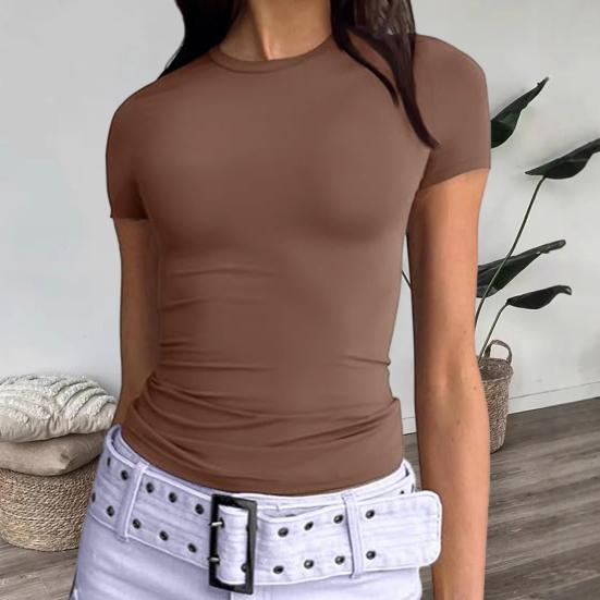 Women T-shirt Round Neck Short Sleeve Solid Color Tee Shirt Slim Fit