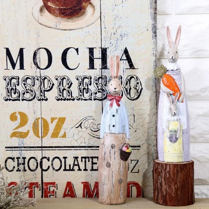 2pcs/set New Creative Couple Rabbit Ornaments Vintage Old Imitation Wood Carving Gifts Resin Crafts Home Decoration Accessories