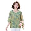 Stylish Chinese Mid-Sleeve Top for Women - Printed, Loose Fit, Petite, Round Neck, Mid-Aged & Elderly Summer Shirt