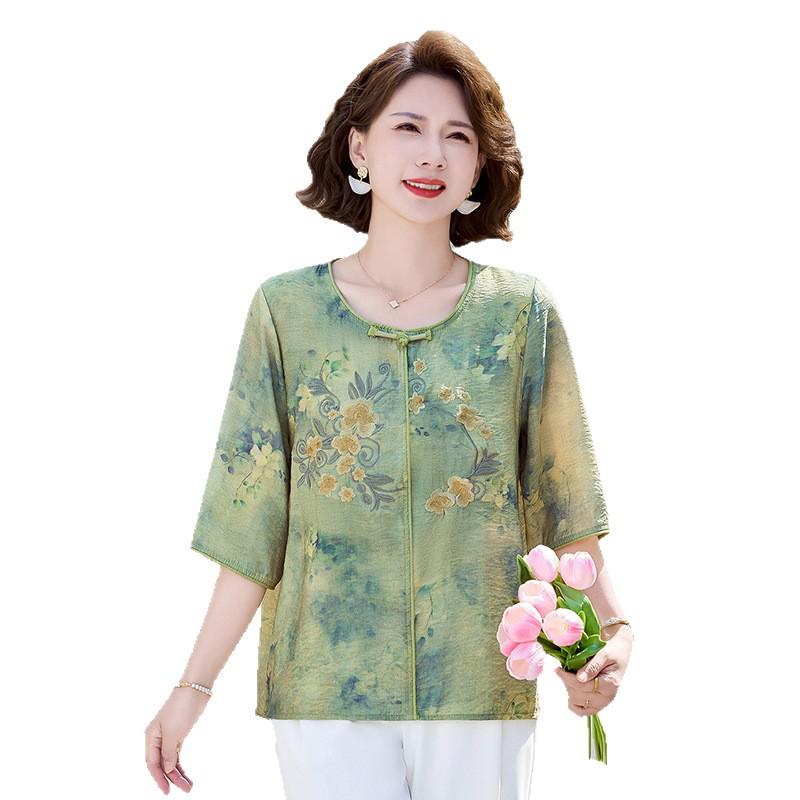Stylish Chinese Mid-Sleeve Top for Women - Printed, Loose Fit, Petite, Round Neck, Mid-Aged & Elderly Summer Shirt