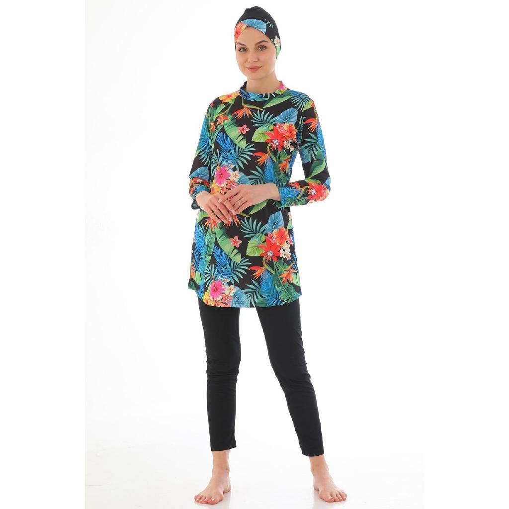 Vollständig bedeckter Lycra-Hijab-Badeanzug mit marineblauem Muster