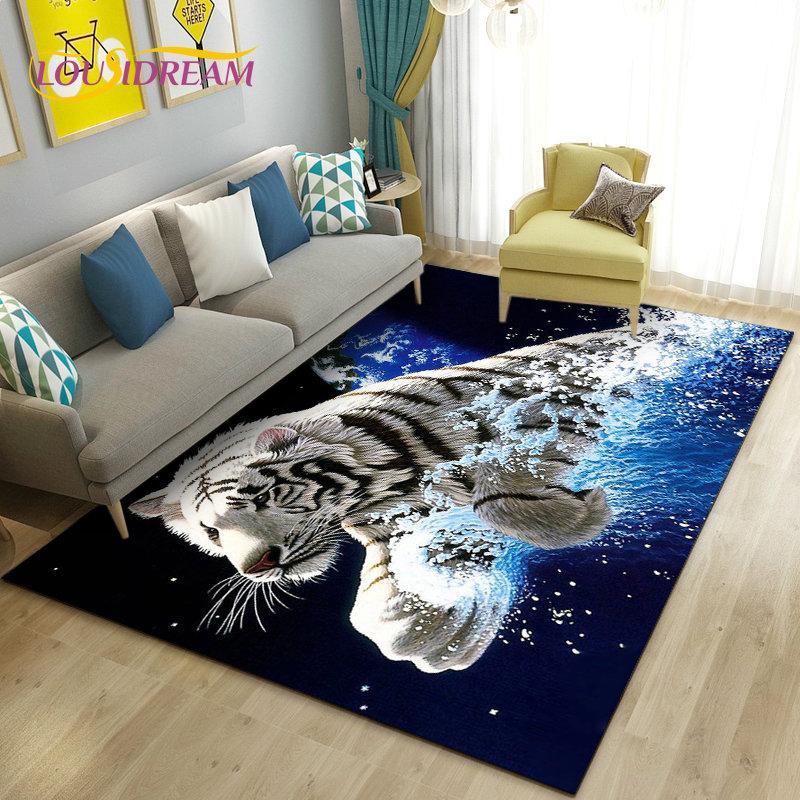 3D White Tiger Lion Leopard Wolf Area Rug,Carpet Rug for Living Room Bedroom Sofa Doormat Decoration,Kid Play Non-slip Floor Mat