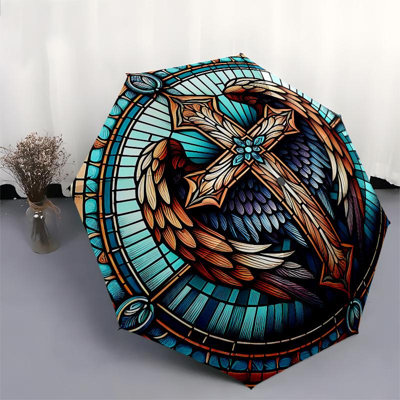 Stained Angel Cross Artwork: Spiritual Window DecorUmbrella, Portable 3-Fold Compact Umbrella for Men & Women Gift