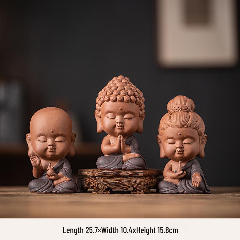 Saha Three Saints Buddha Ceramic Statue: Ksitigarbha, Tathagata, and Guanyin Tabletop Ornament