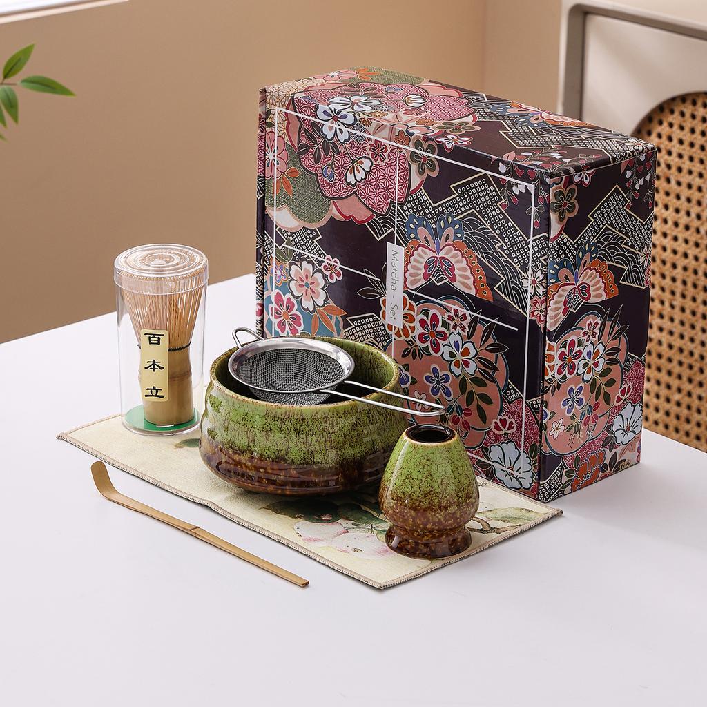 Japanese Matcha Tea Set Ceramic Chawan Bowl Whisk Holder Scoop Spoon Sieve Gift Traditional Tea Ceremony Kit for Home Restaurant