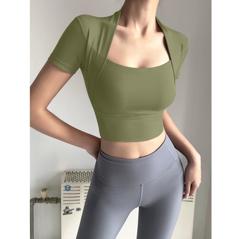 

Женский быстросохнущий фитнес-комплект: Поддельный костюм-двойка с нагрудными вкладышами, облегающий, с короткими рукавами, дышащий спортивный топ. Large зелёный