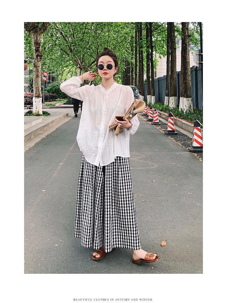 Damen Karomuster Baumwoll-Leinen Weitbein Hose - Elastischer Bund, Slim Fit, Lässiger Lockerer Schnitt