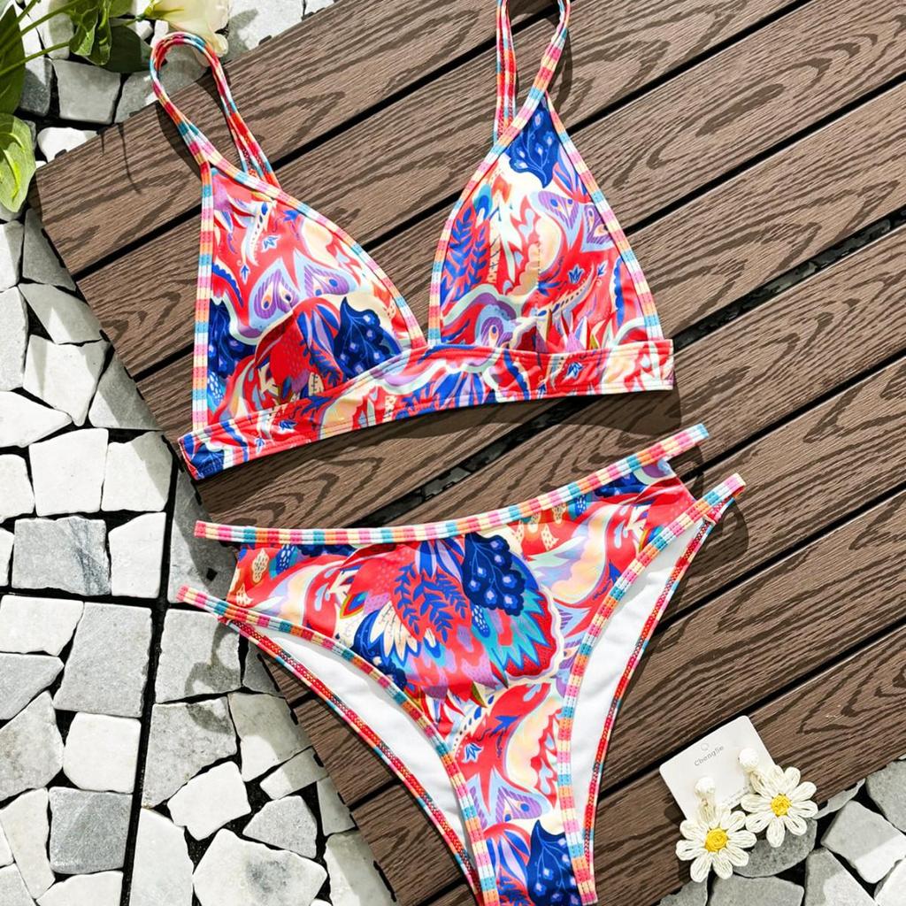 European and American Sexy Slimming Backless Printed Triangle Bikini for Women