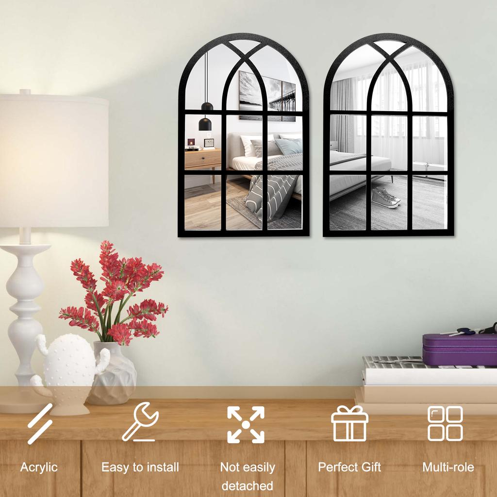 2Pcs Window Wall Mirror for Wall Decor Vintage Rustic Arched Wall Mirror Decorative Windowpane Mirror Acrylic Mirror Wall Decor