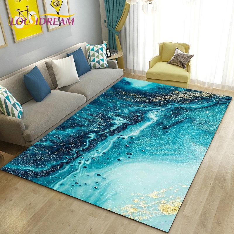 Nordic Green Gold Blue Marble Area Rug Large,Carpet Rug for Living Room Bedroom Sofa Doormat Decoration,kids Non-slip Floor Mat