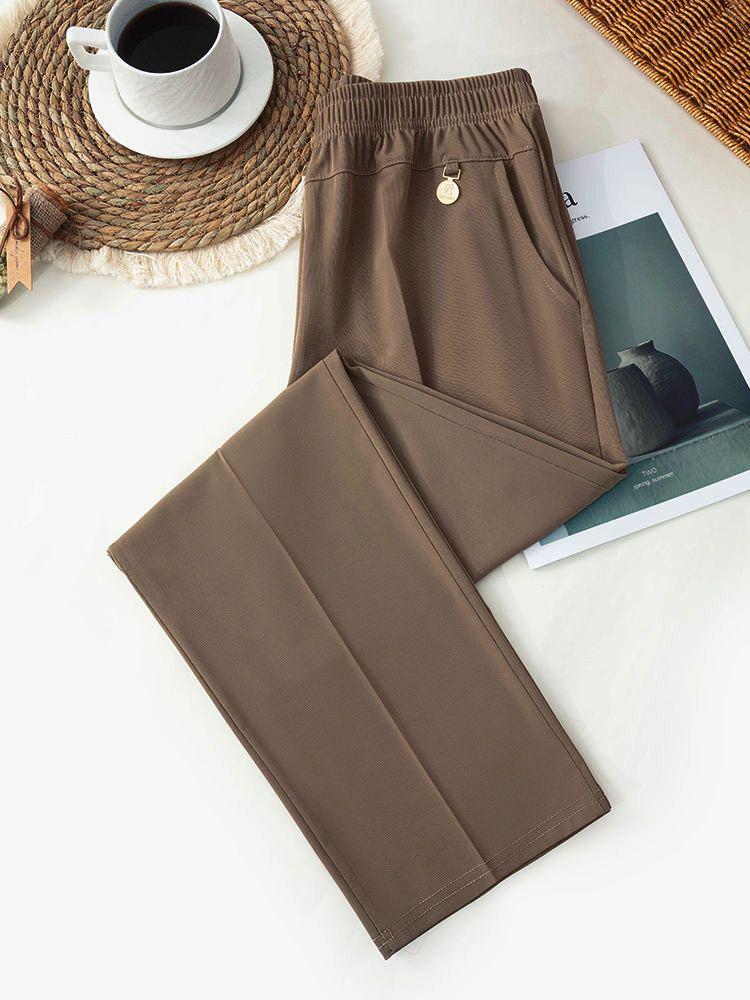 Summer High-Waist Ice Silk Casual Mom Pants: Loose, Elastic, Nine-Point Straight-Leg Style for Middle-Aged and Elderly Women
