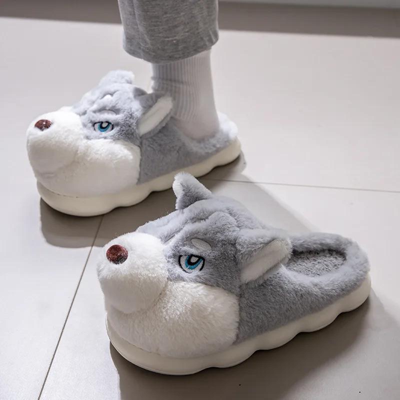 

Fashion Winter Sippers Men Fluffy Dog Husky Home Shoes Large Size 46-51 Heel Wrapped Animal Slides Man Funny Furry Loafer Plush Booties 50-51