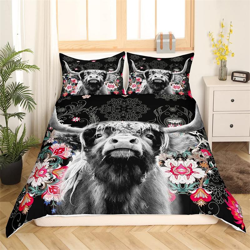 Highland Cow Duvet Cover Western Farm Animal Bedding Set Full King For Boys Girls Microfiber Floral Bull Cattle Comforter Cover