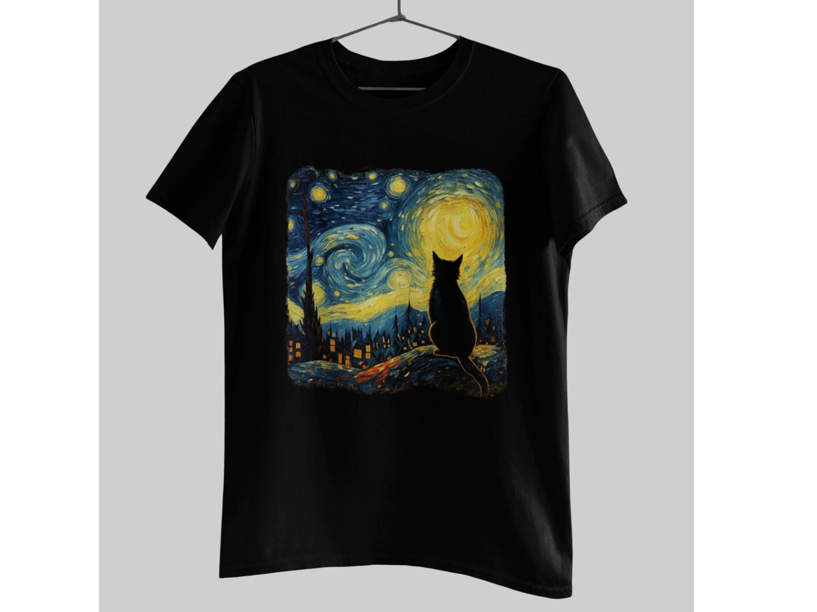 Starry Night Cat T-Shirt Van Gogh Style Night Sky Cat Silhouette Tee 100% Cotton L