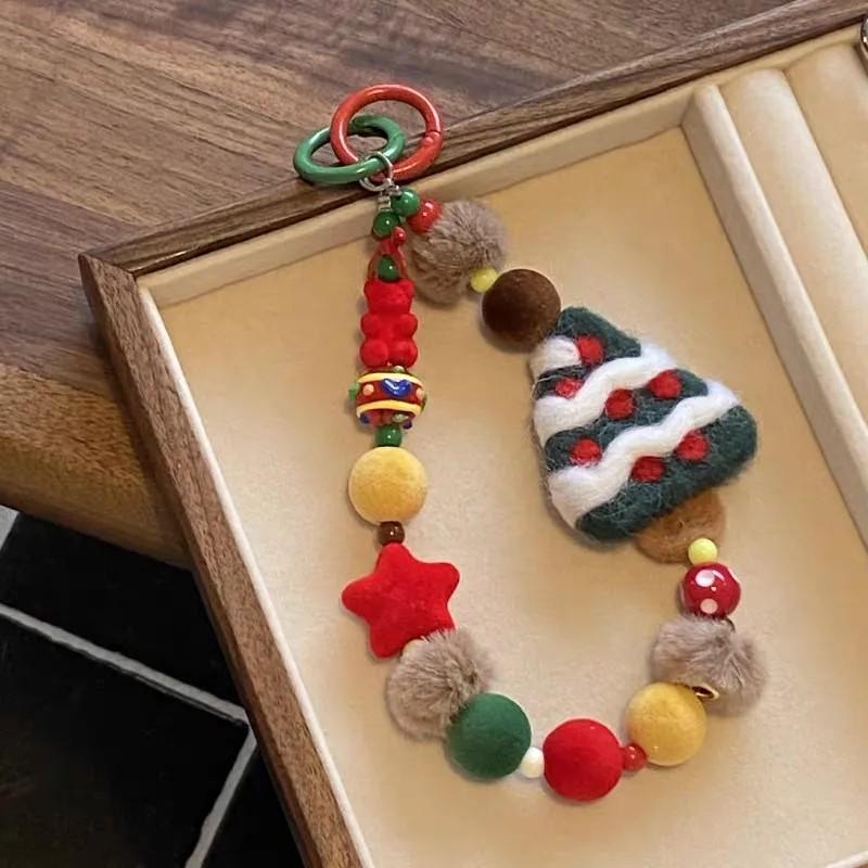 

Colorful Christmas Tree Felt Phone Charm with Star Beads and Keyring Lanyard