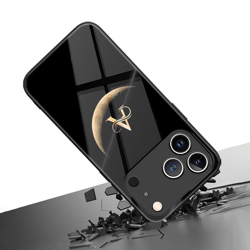 Trendy Moon Letter A Pattern Tempered Glass Black Phone Case For iPhone 11 12 13 14 15 16 17 Pro Max 17 Air 7 8 Plus XS X Cover