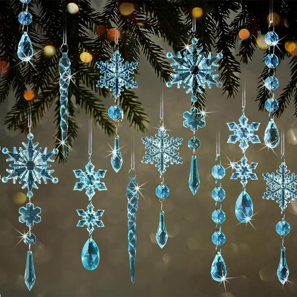 10 Stück Schneeflocken-Eiszapfen-Anhänger Acryl-Kristall Hängeset mit Schnüren Weihnachts-Kugeln Hängende Ornamente für Weihnachtsfeier Heimdekoration