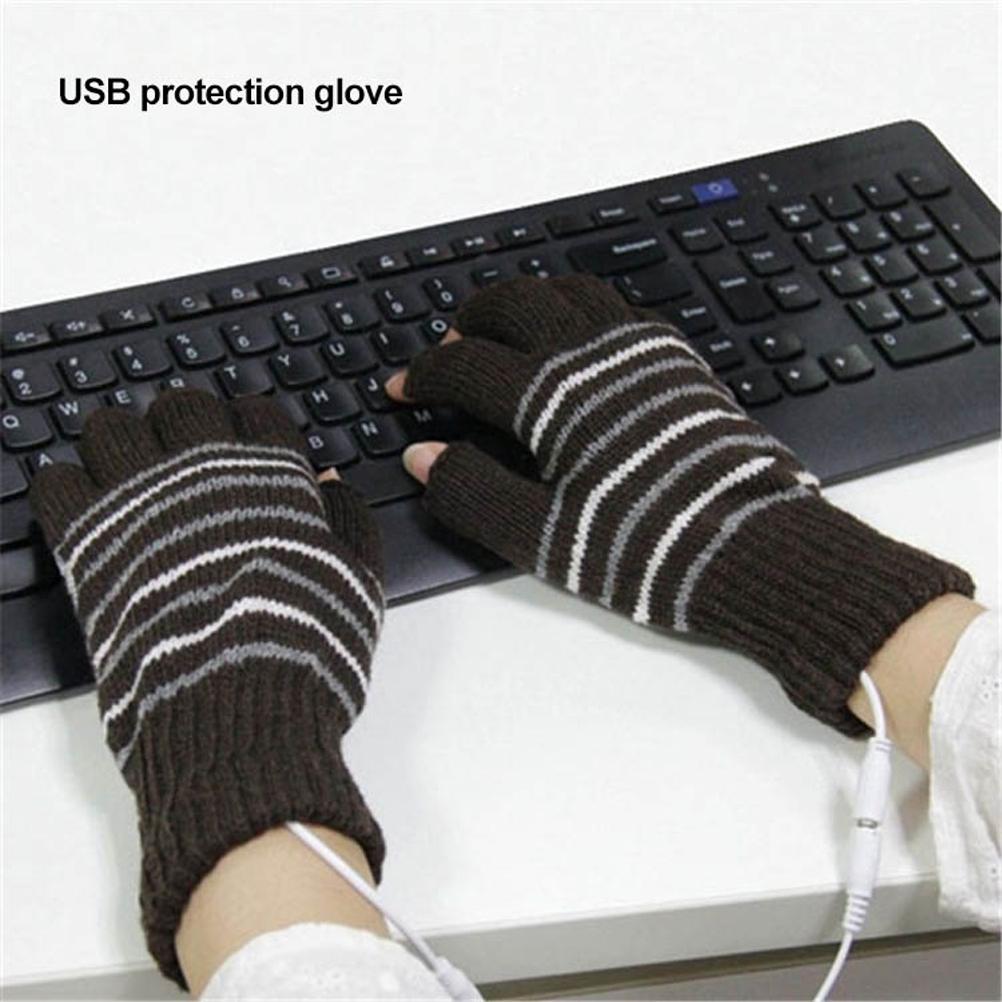 USB Heated Gloves Mitten for Men Women Striped Knit Fingerless Gloves Winter Hands Warmer Laptop Gloves for Adults