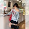Grey Slanted Shoulder Off-the-shoulder Letter Print Long-sleeved Sweater Women's Autumn Loose Inside with Thin Lazy Style Top