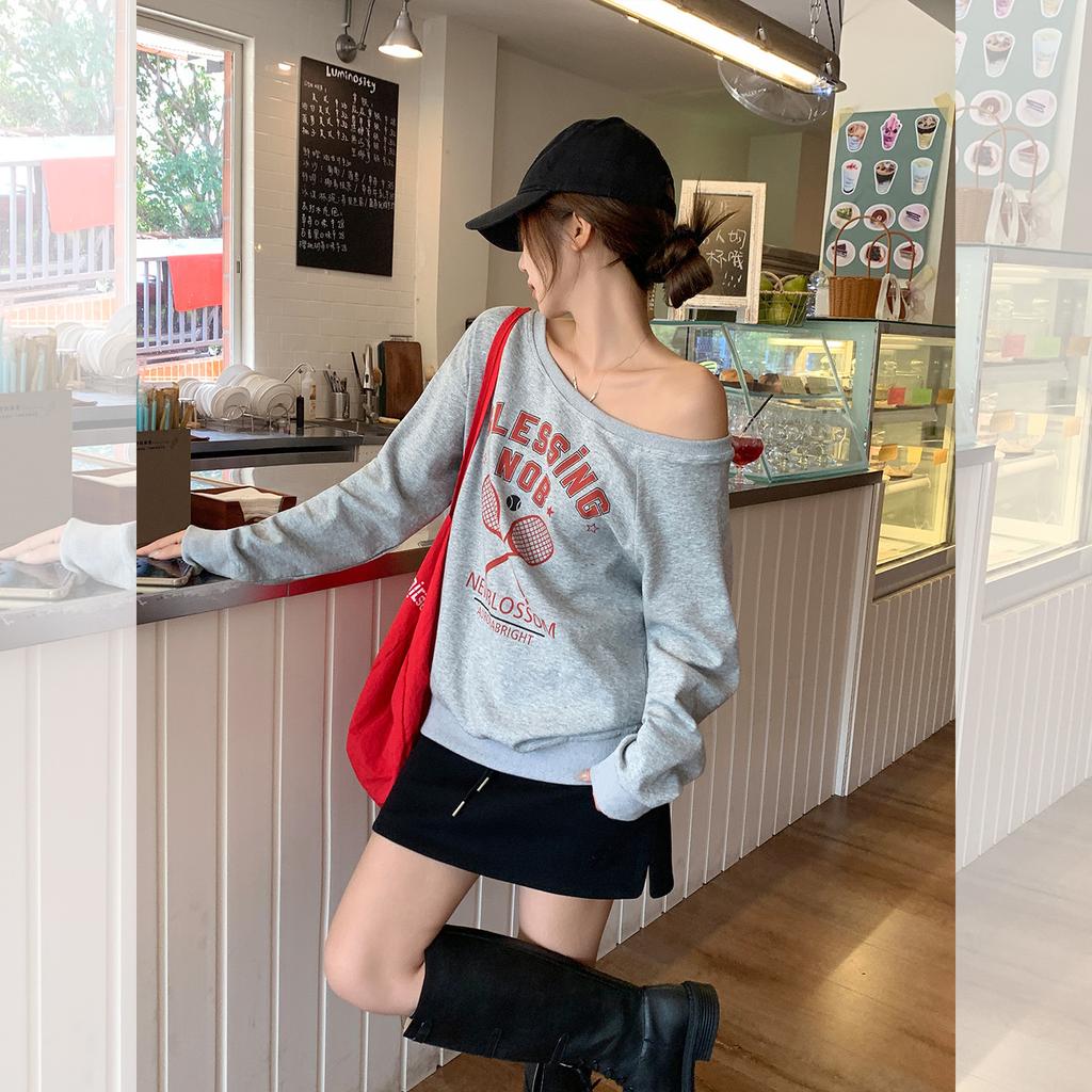 Grey Slanted Shoulder Off-the-shoulder Letter Print Long-sleeved Sweater Women's Autumn Loose Inside with Thin Lazy Style Top