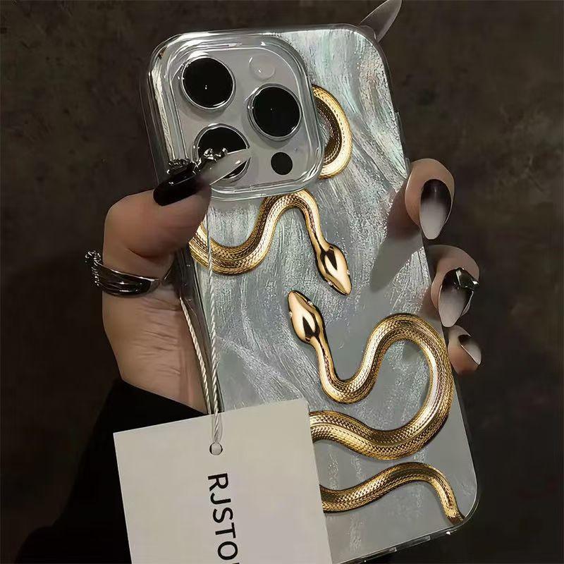 Gold Snake Print Case For iPhone 16 15 14 13 12 11 17 Pro Max 16 Plus 16E 17 Air Feather Chiffon Texture Silver Plated Cover For iPhone 17