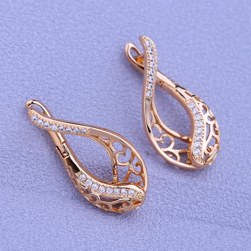 LSOOYH Klip Küpe Gül Altın Renk Moda Küpe Kadınlar Için Kübik Zirkonya Hollow Hoop Uzun Damla Küpe Takı