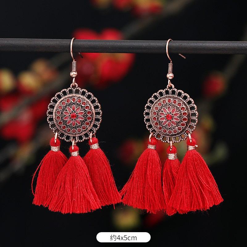 Vintage Bohemian Red Tassel Earrings Female Long Temperament Earrings Vacation Photography Bridal Earrings