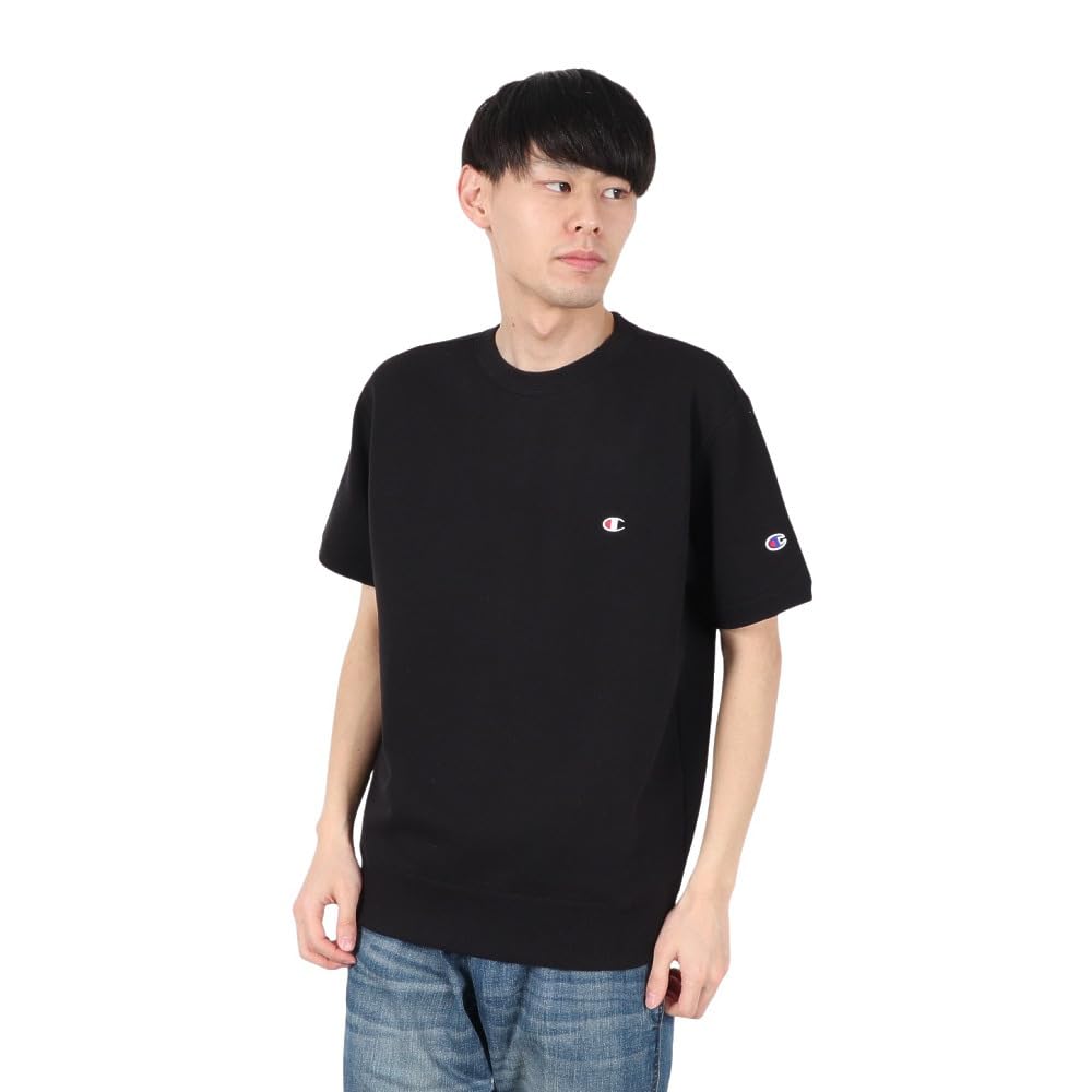 Champion Basic Short Sleeve Crew Neck Sweatshirt with Fleece Lining and Size L Men's One-Point Logo, Black, (C3-Z020)