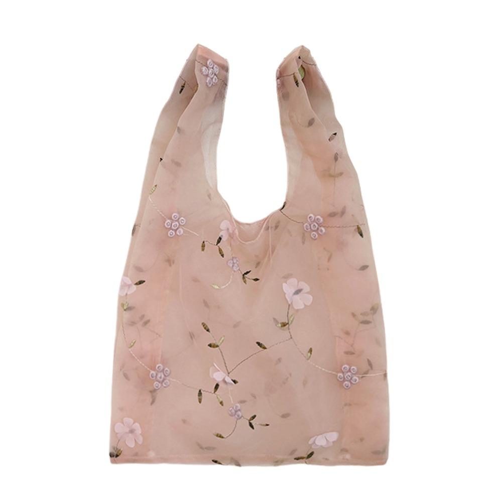 Double Organza Flower Embroidery Hand Bag Yarn Cloth Light Material Mesh Shopping Bag Clear Jelly Organza Tote Bag Shoulder Bag розовый