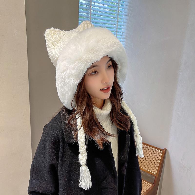 New Women Winter Warm Cute Beanie Hat Cat Ears Lady Kawaii Knitted Crochet Beanies Hat Cap With Braid For Women