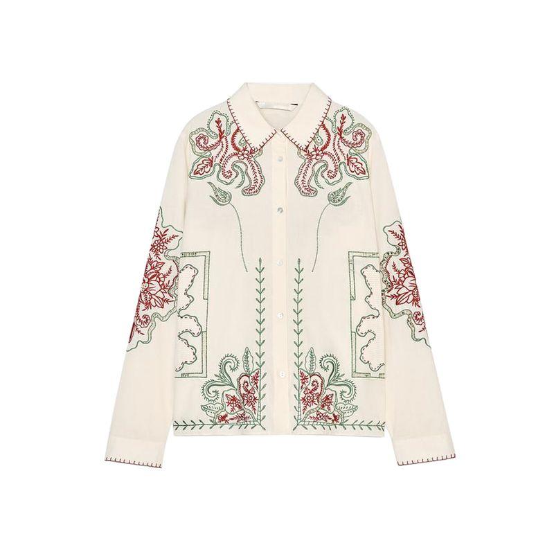 Cotton Lapel Long Sleeves Single-Breasted Contrast Color Embroider Decorative Shirt 5107065 Casual Pants 5107064